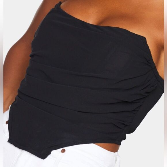 Prettylittlething Shape Black Chiffon Ruched Corset Crop Top Sz 4 “ NWT IN PKG “ - Picture 3 of 8